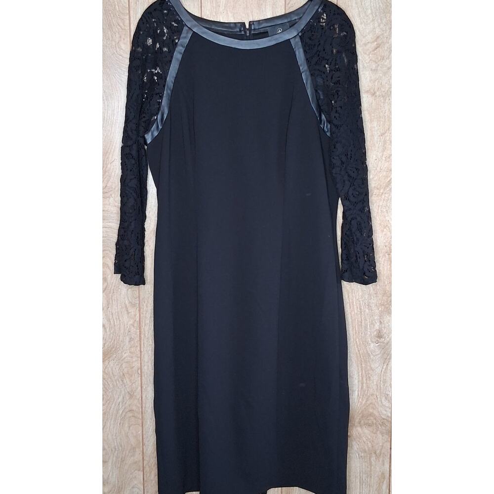 Adrianna Papell Black Dress 3/4 Length Lace Sleeve Faux Leather Trim Size 14